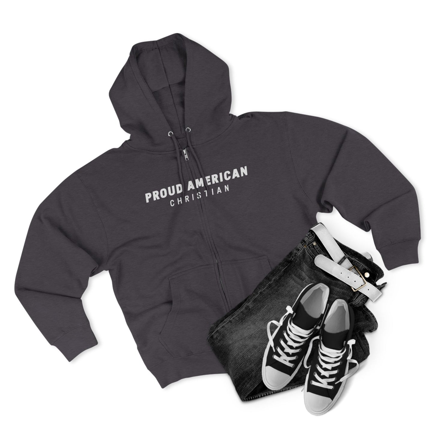Proud American Christian Zip Hoodie — Distressed Flag Back Print