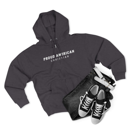 Proud American Christian Zip Hoodie — Distressed Flag Back Print