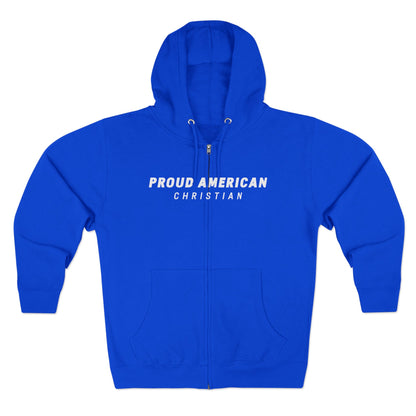 Proud American Christian Zip Hoodie — Distressed Flag Back Print