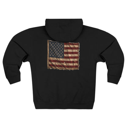Proud American Christian Zip Hoodie — Distressed Flag Back Print
