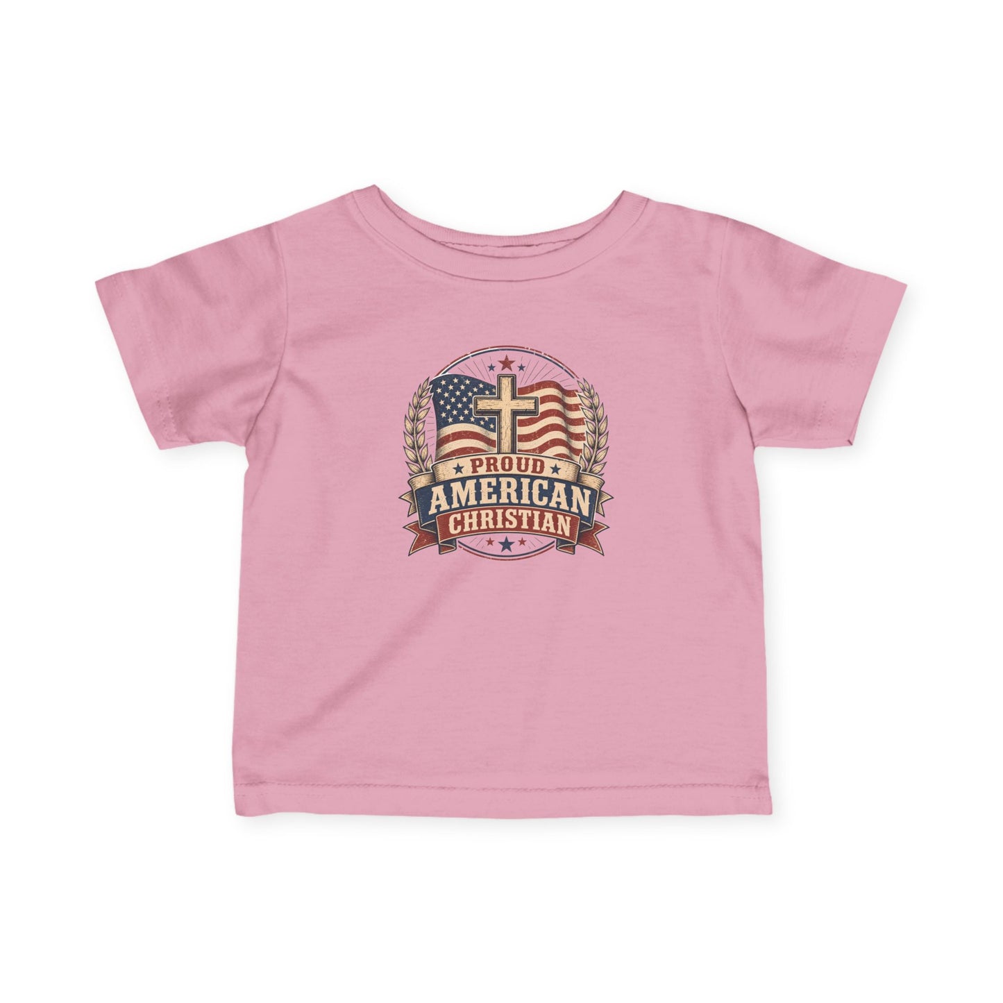 Infant Tee — "Proud American Christian" Cross & Flag Baby Shirt