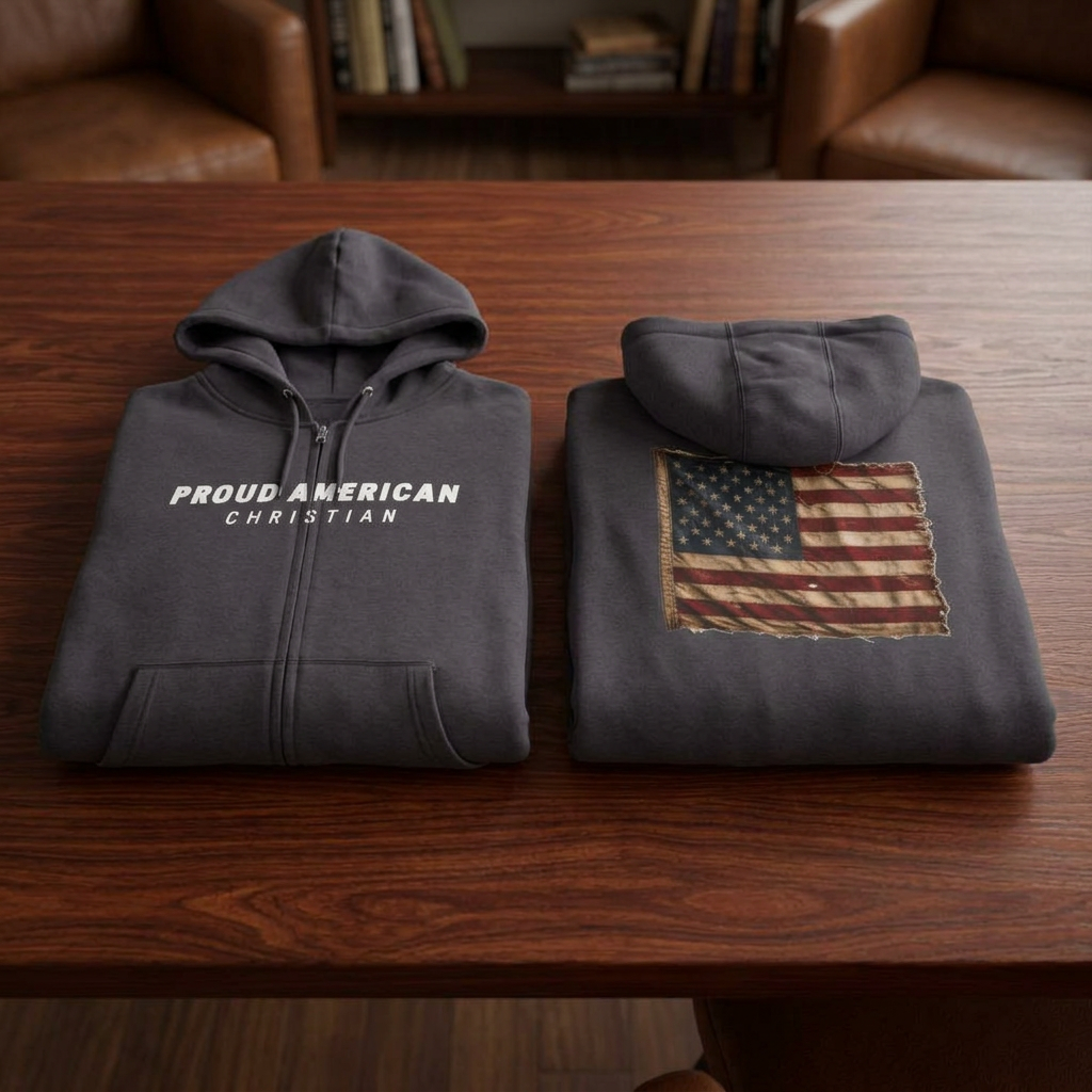 American Christian Zip Hoodie — Distressed Flag Back Print (Adults)