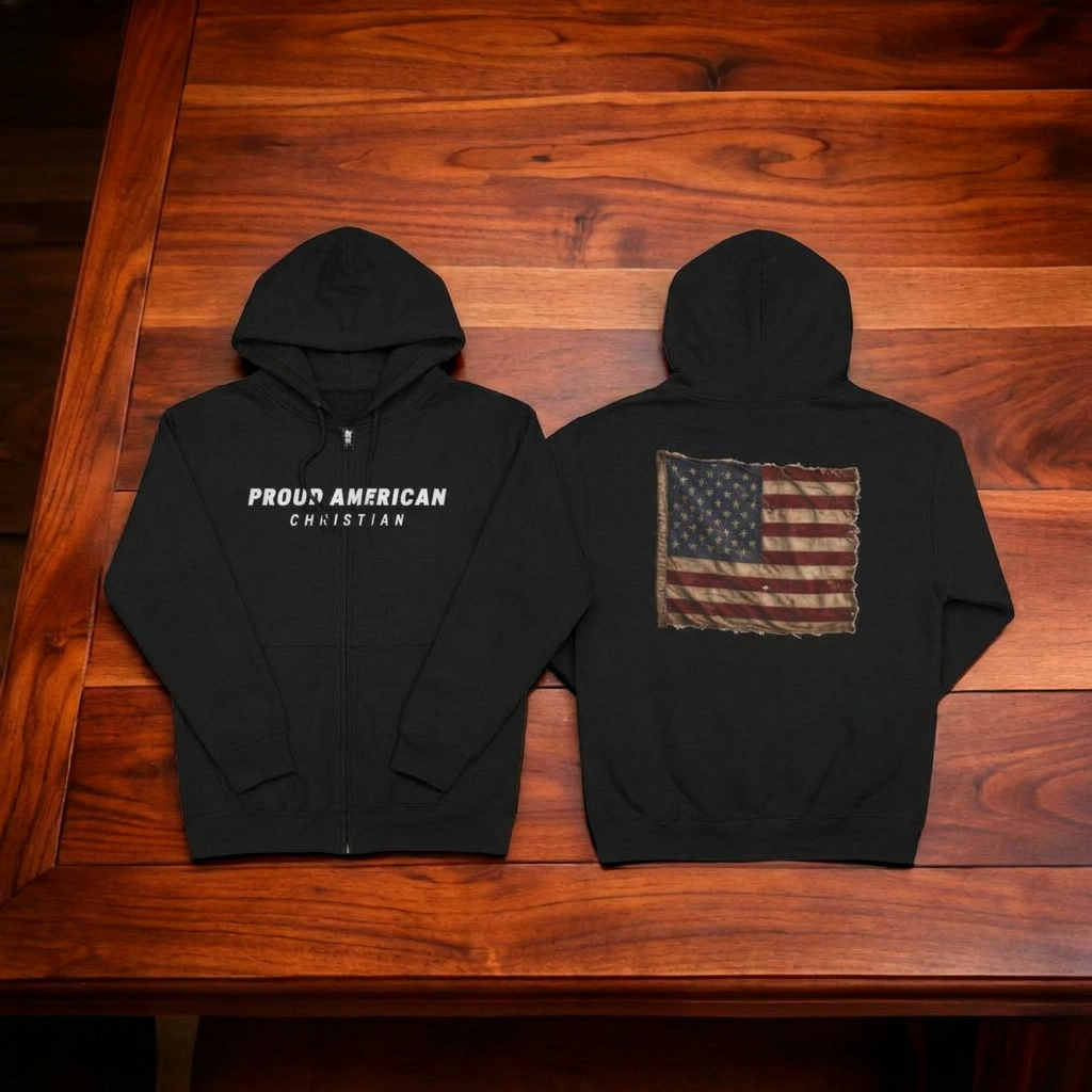 American Christian Zip Hoodie — Distressed Flag Back Print (Adults)