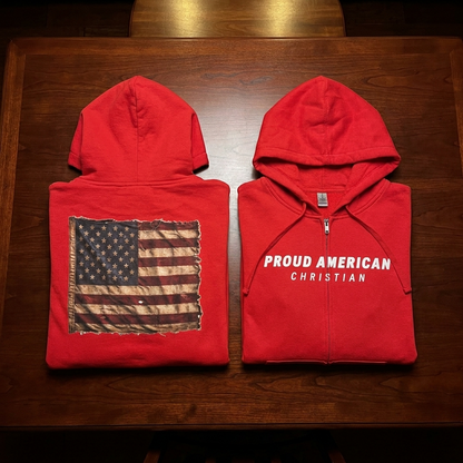 American Christian Zip Hoodie — Distressed Flag Back Print (Adults)