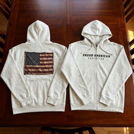American Christian Zip Hoodie — Distressed Flag Back Print (Adults)