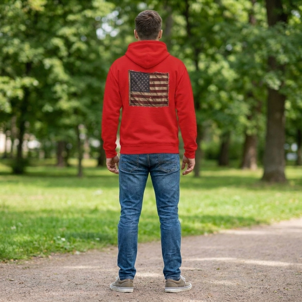 American Christian Zip Hoodie — Distressed Flag Back Print (Adults)