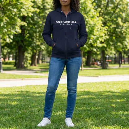 American Christian Zip Hoodie — Distressed Flag Back Print (Adults)