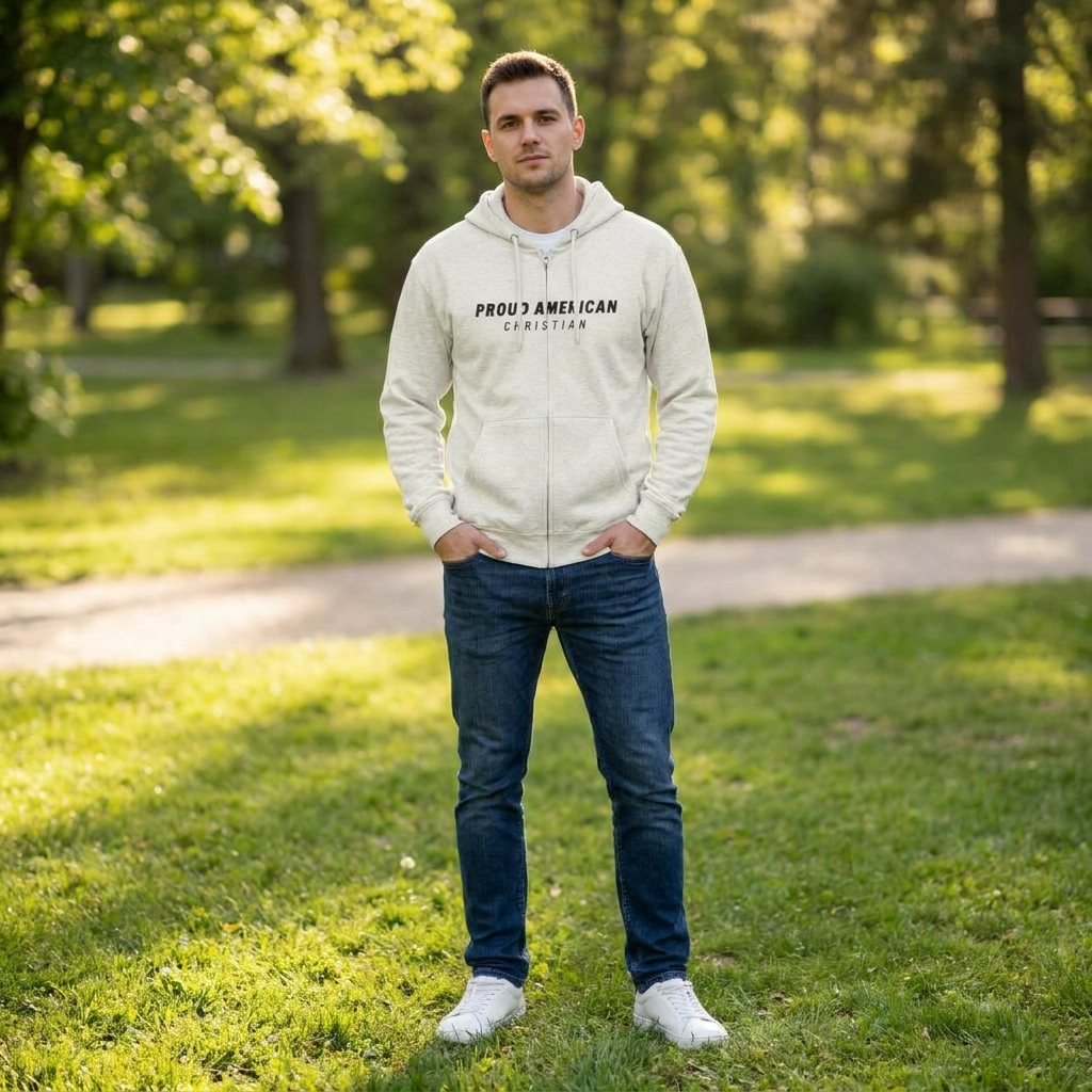 American Christian Zip Hoodie — Distressed Flag Back Print (Adults)