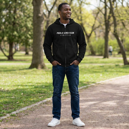 American Christian Zip Hoodie — Distressed Flag Back Print (Adults)