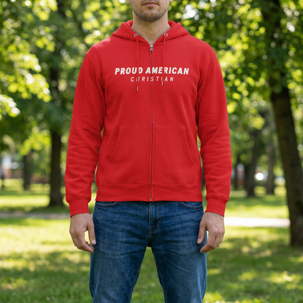 American Christian Zip Hoodie — Distressed Flag Back Print (Adults)