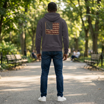 American Christian Zip Hoodie — Distressed Flag Back Print (Adults)