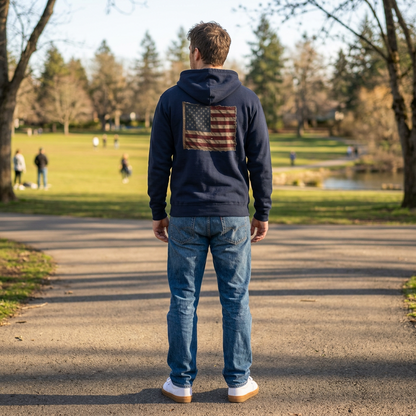 American Christian Zip Hoodie — Distressed Flag Back Print (Adults)
