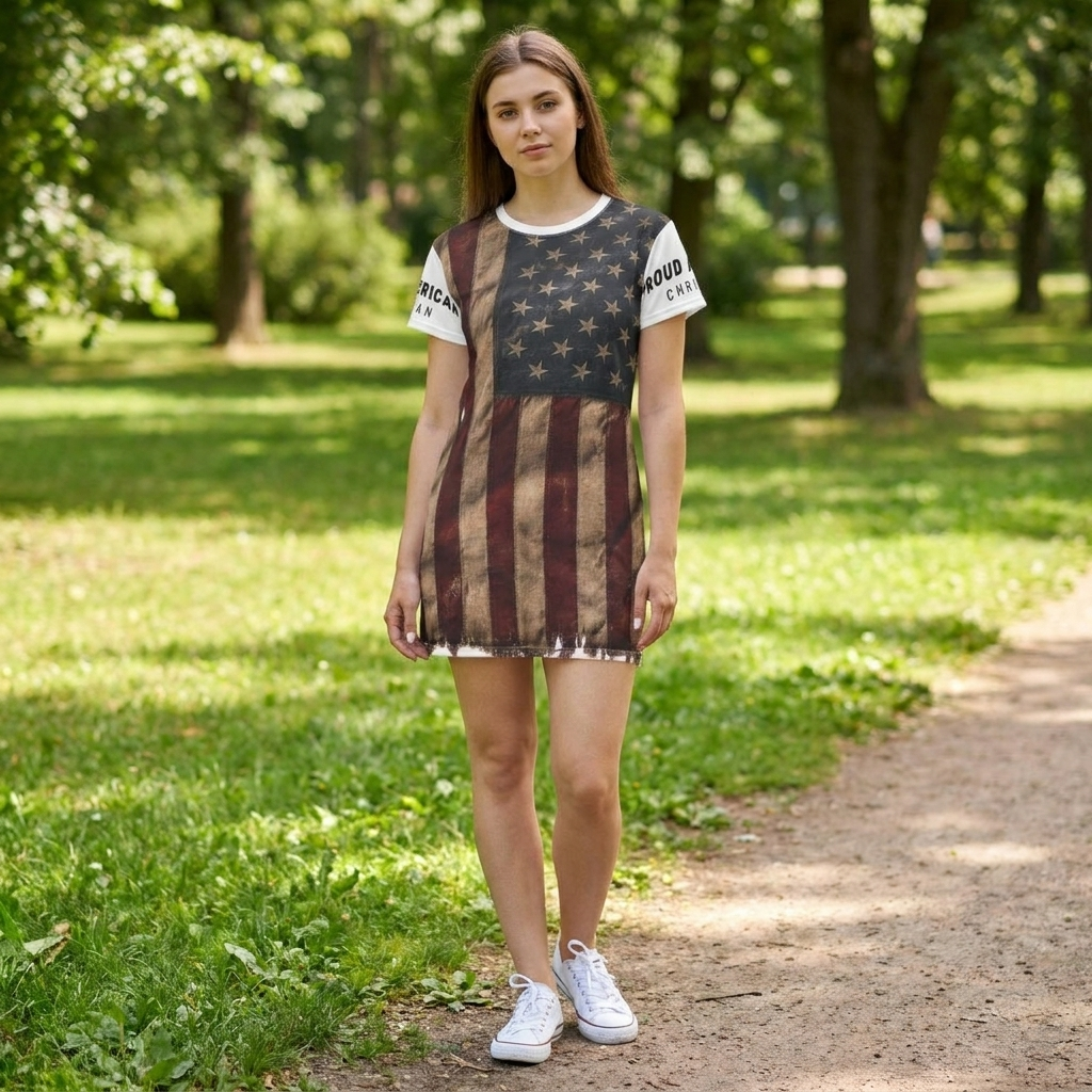 American Flag T-Shirt Dress — Vintage Distressed Stars & Stripes