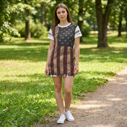American Flag T-Shirt Dress — Vintage Distressed Stars & Stripes