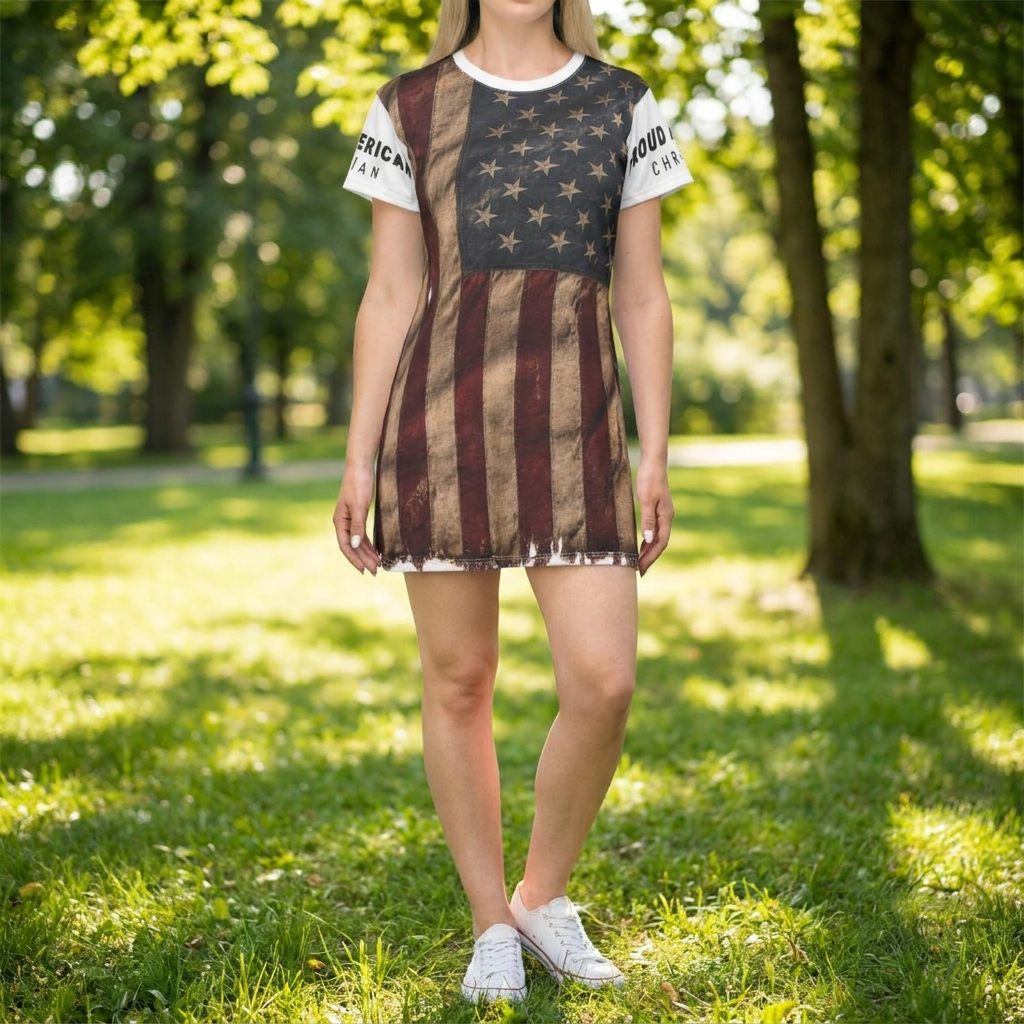 American Flag T-Shirt Dress — Vintage Distressed Stars & Stripes