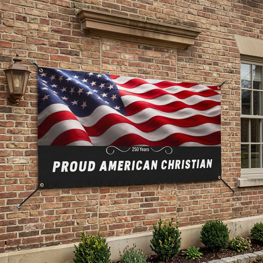 Proud American Christian Vinyl Banner – Patriotic USA Flag Outdoor Sign