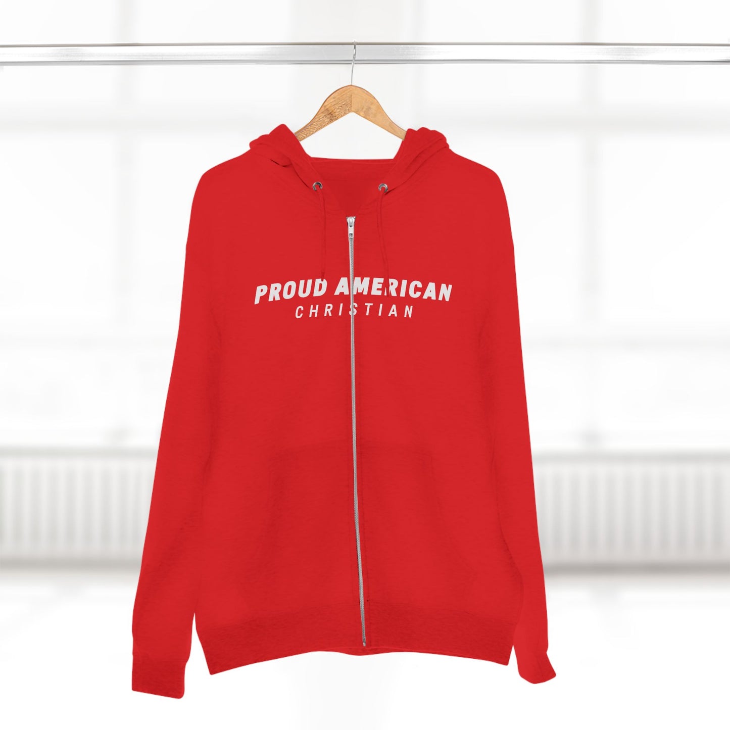 Proud American Christian Zip Hoodie — Distressed Flag Back Print
