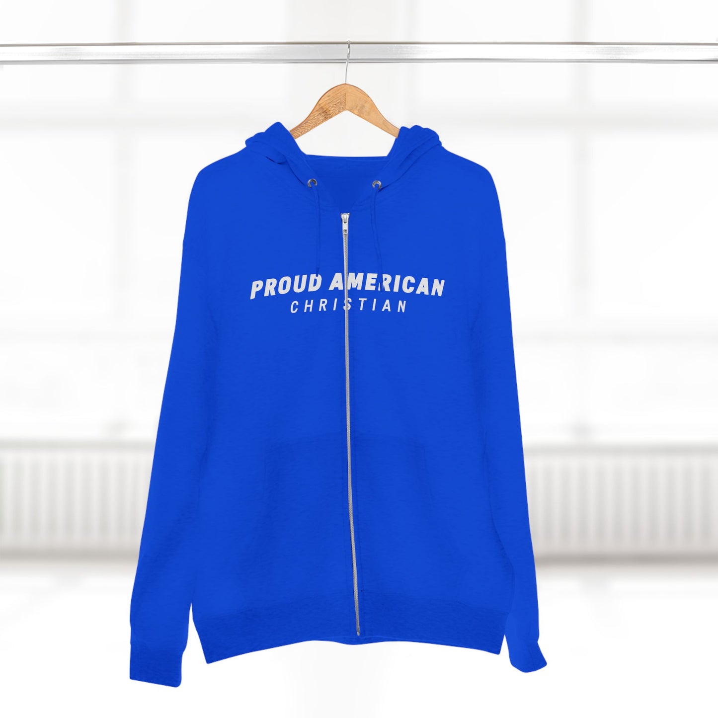 Proud American Christian Zip Hoodie — Distressed Flag Back Print