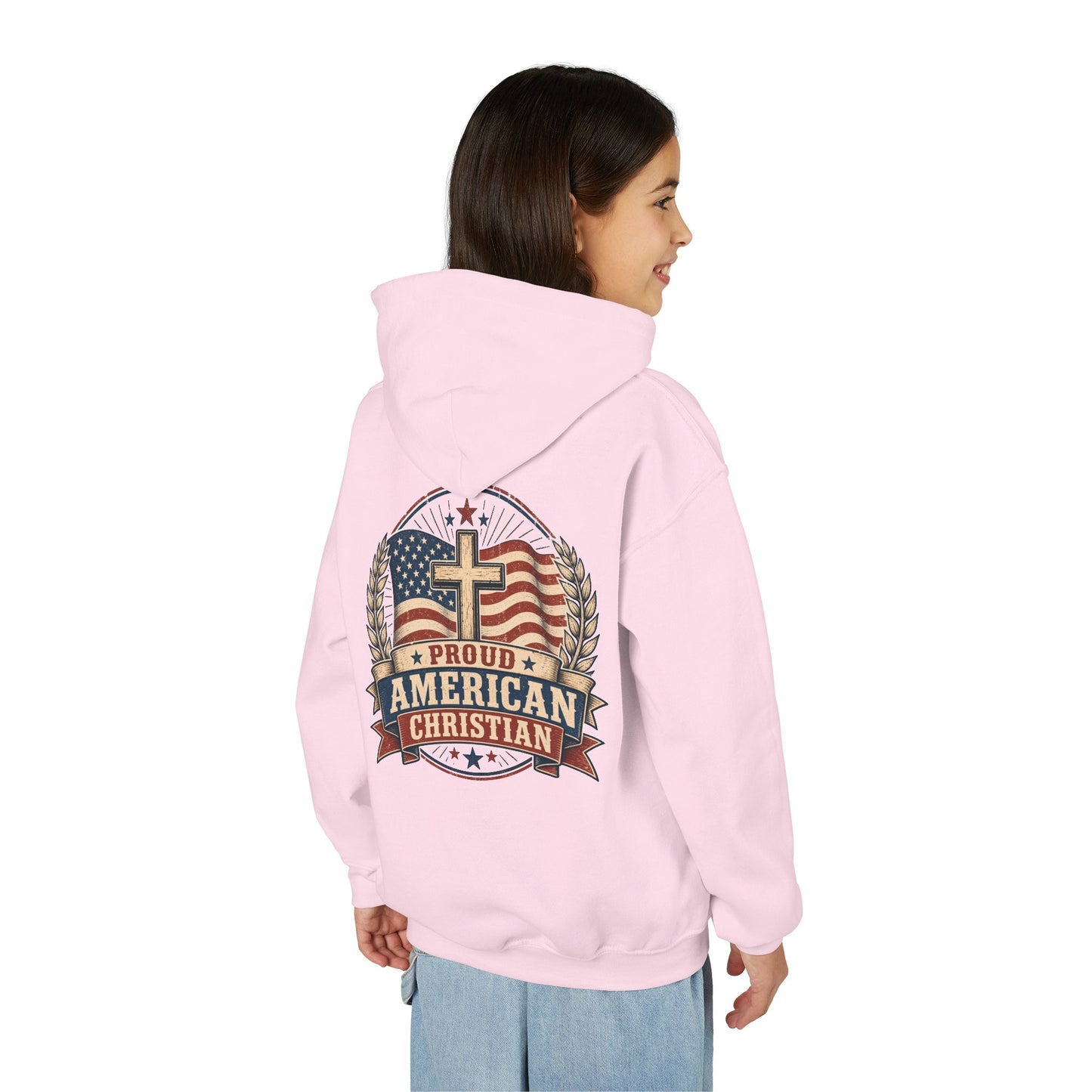 Proud American Christian Hoodie — Youth Patriotic Cross Pullover