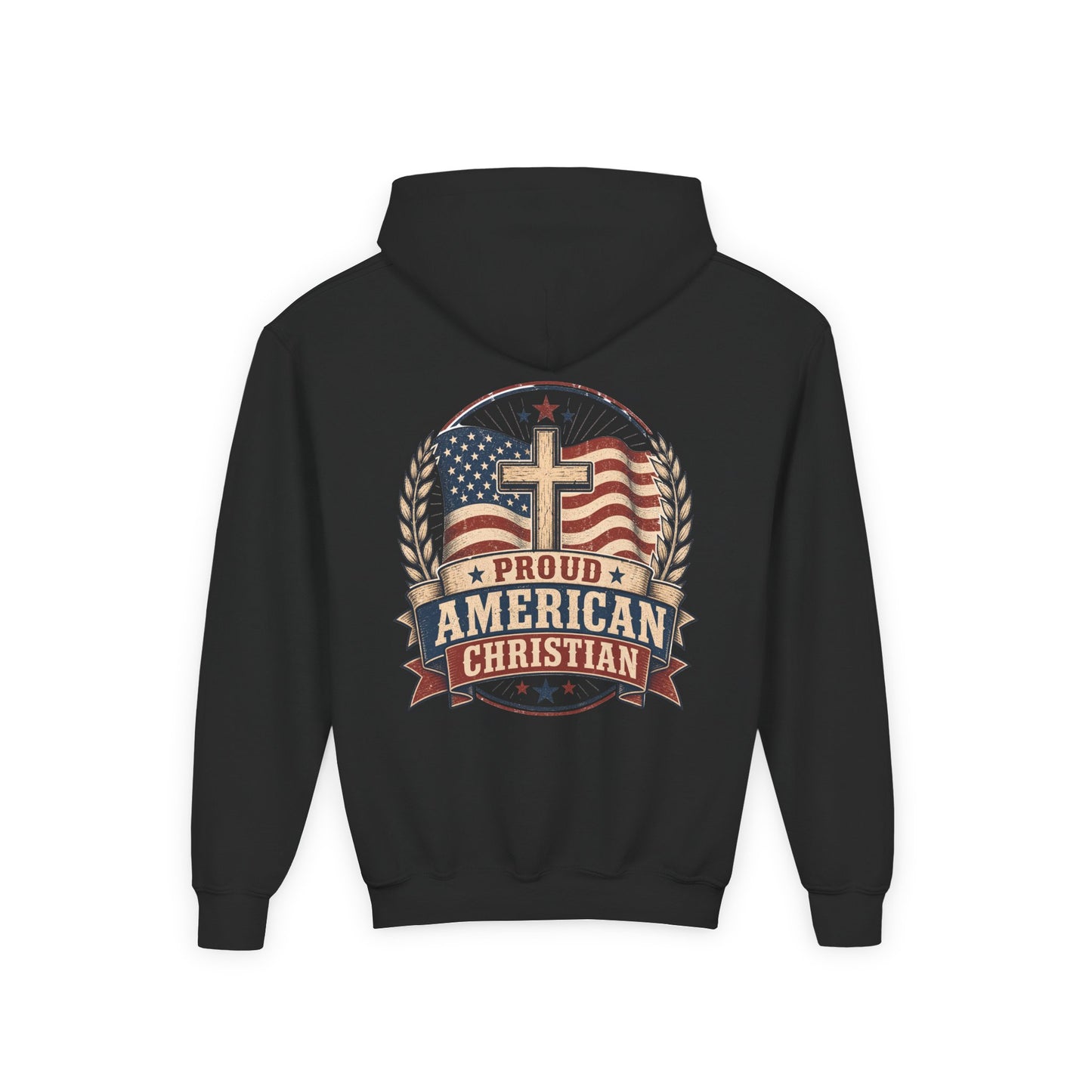 Proud American Christian Hoodie — Youth Patriotic Cross Pullover