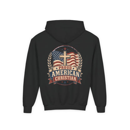 Proud American Christian Hoodie — Youth Patriotic Cross Pullover