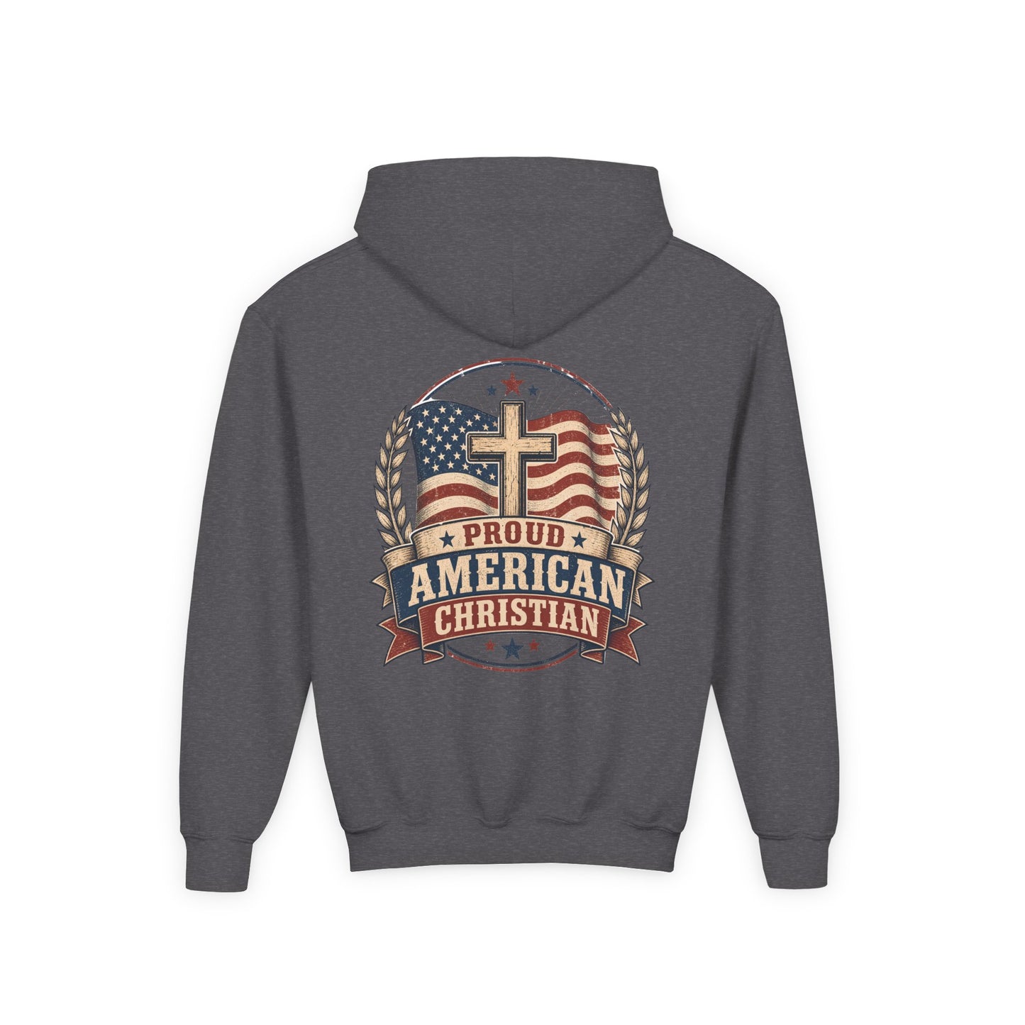 Proud American Christian Hoodie — Youth Patriotic Cross Pullover