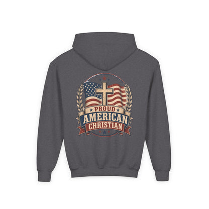 Proud American Christian Hoodie — Youth Patriotic Cross Pullover