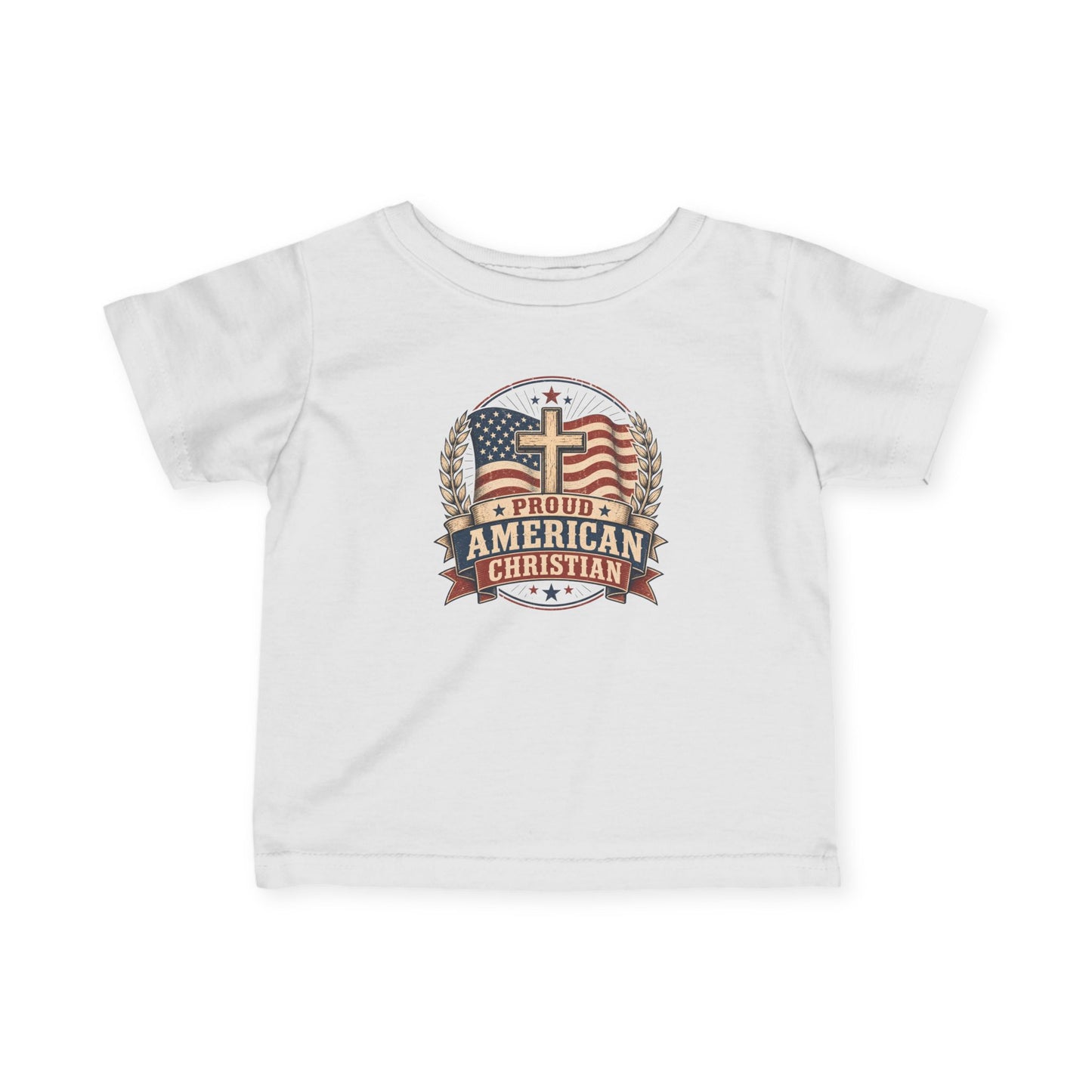 Infant Tee — "Proud American Christian" Cross & Flag Baby Shirt