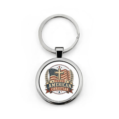 Proud American Christian Round Stainless Steel Keychain — Patriotic Cross Flag Design