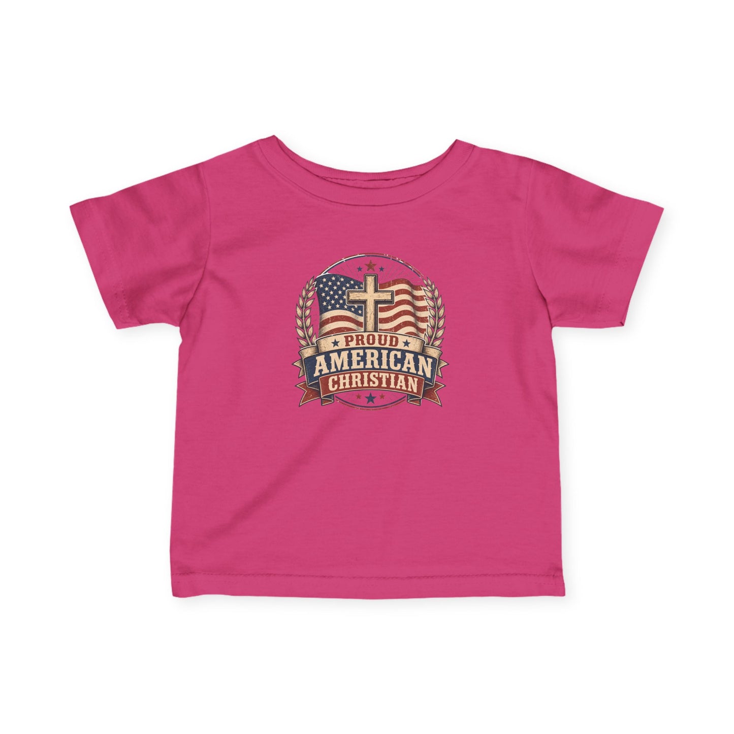 Infant Tee — "Proud American Christian" Cross & Flag Baby Shirt