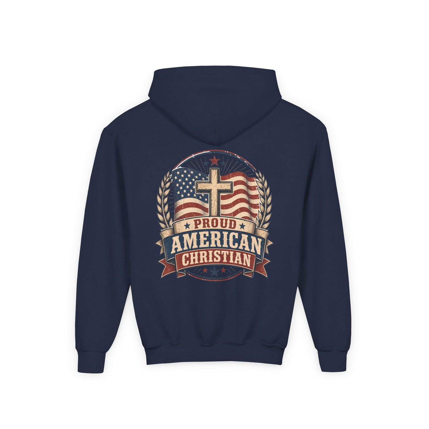 Proud American Christian Hoodie — Youth Patriotic Cross Pullover