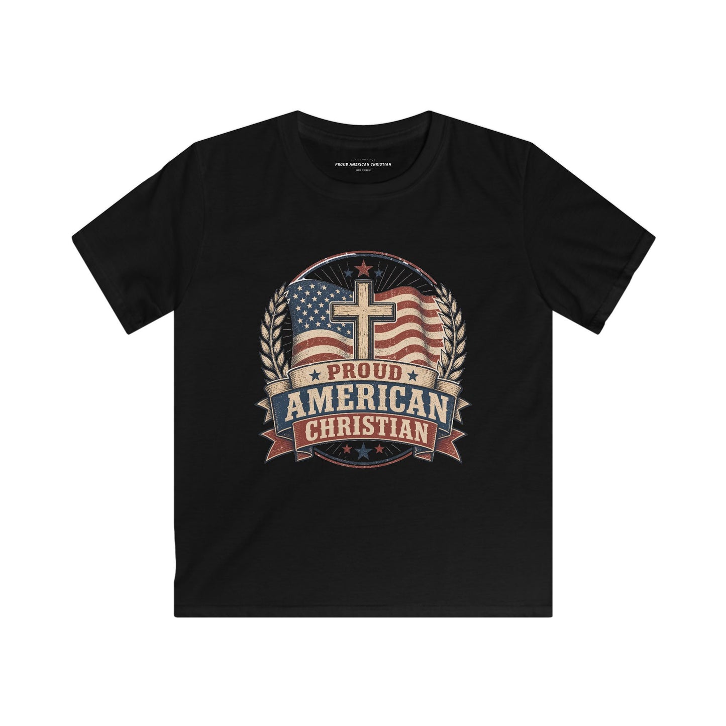 Kids Tee — Proud American Christian Flag Cross Design