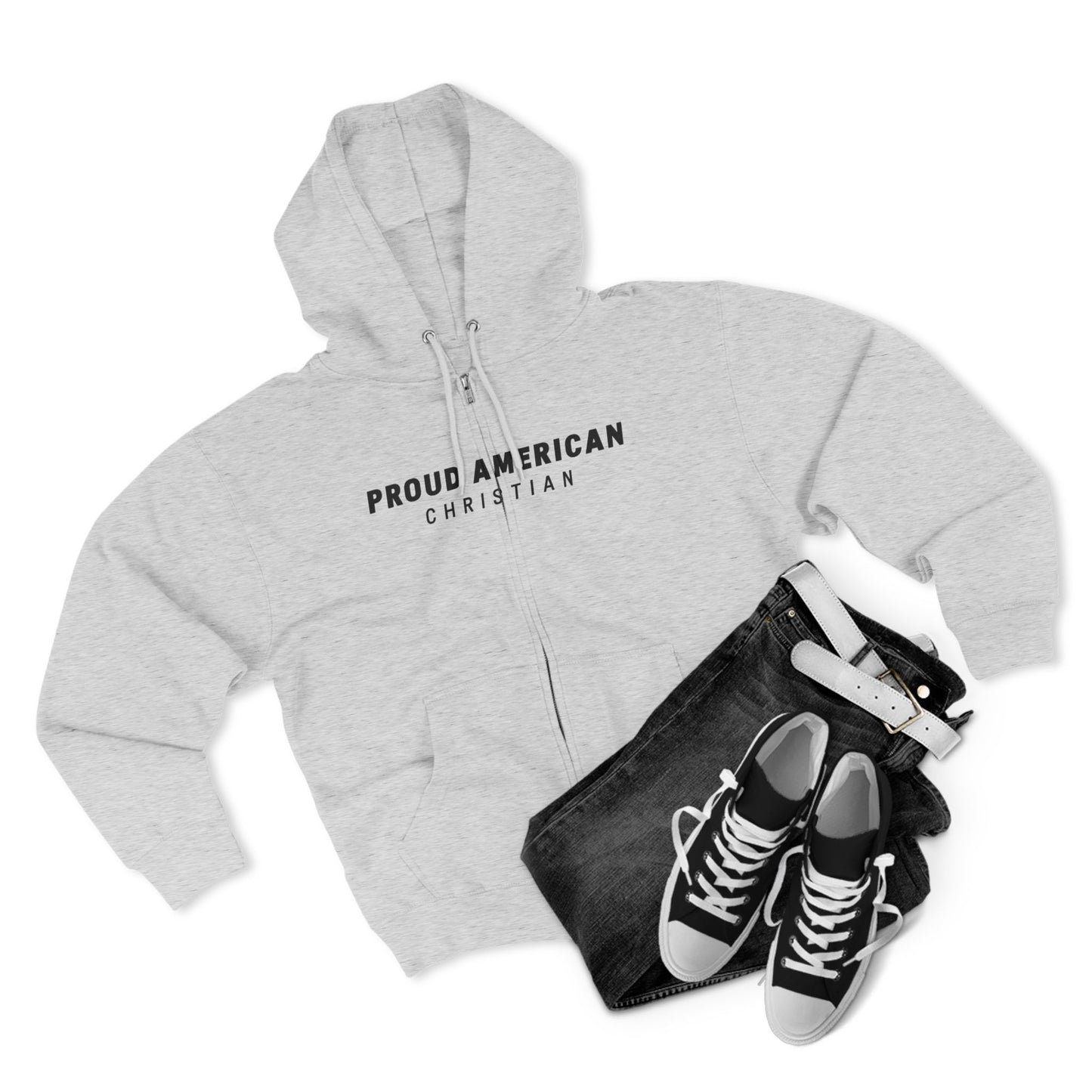 Proud American Christian Zip Hoodie — Distressed Flag Back Print