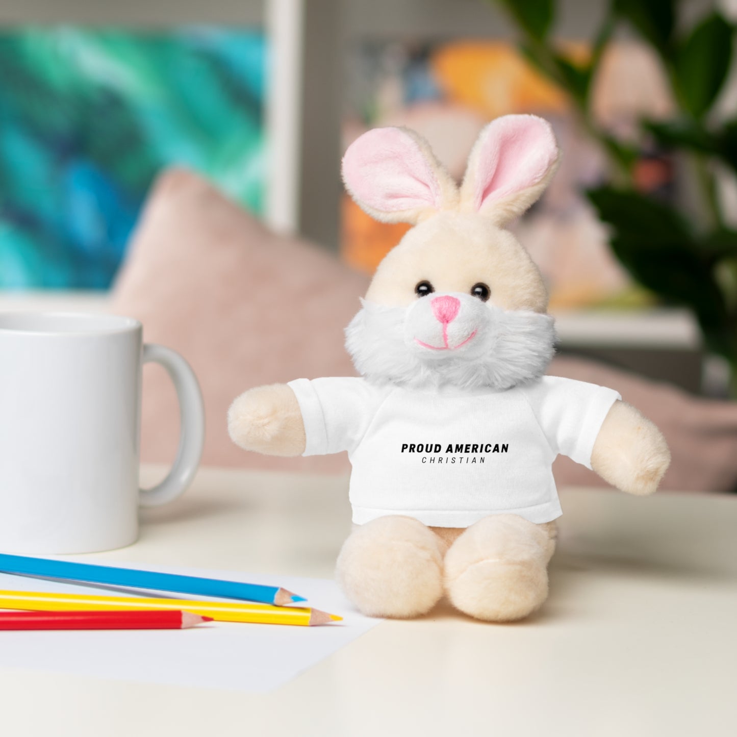 Brown Plush Teddy Bear with White Tee — 'Proud American Christian' Stuffed Animal Gift