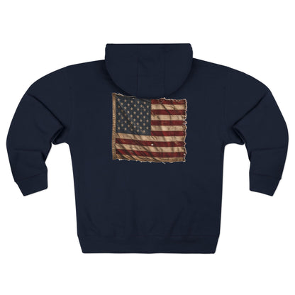 American Christian Zip Hoodie — Distressed Flag Back Print (Adults)