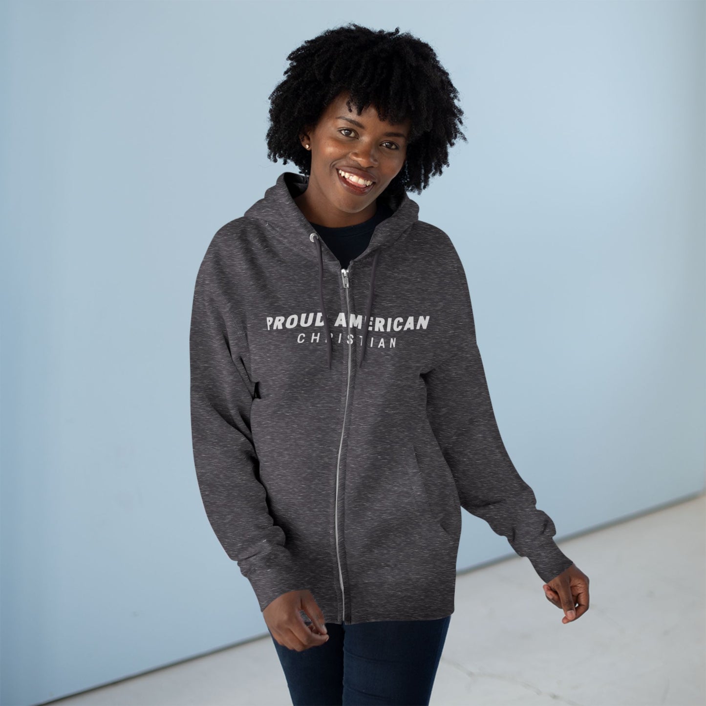 Proud American Christian Zip Hoodie — Distressed Flag Back Print