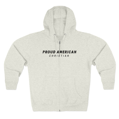 Proud American Christian Zip Hoodie — Distressed Flag Back Print
