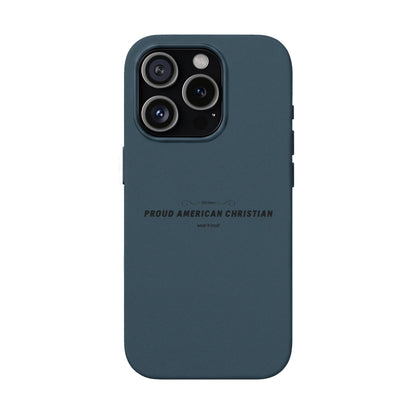 Engraved PU Leather Phone Case — "Proud American Christian" Minimalist Protective Cover