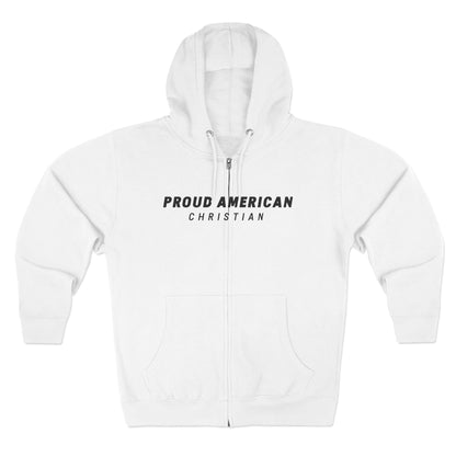 Proud American Christian Zip Hoodie — Distressed Flag Back Print