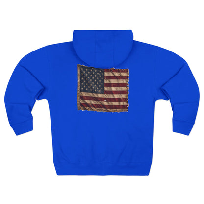 American Christian Zip Hoodie — Distressed Flag Back Print (Adults)