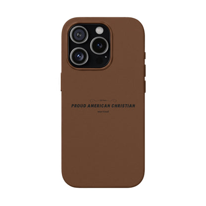 Engraved PU Leather Phone Case — "Proud American Christian" Minimalist Protective Cover