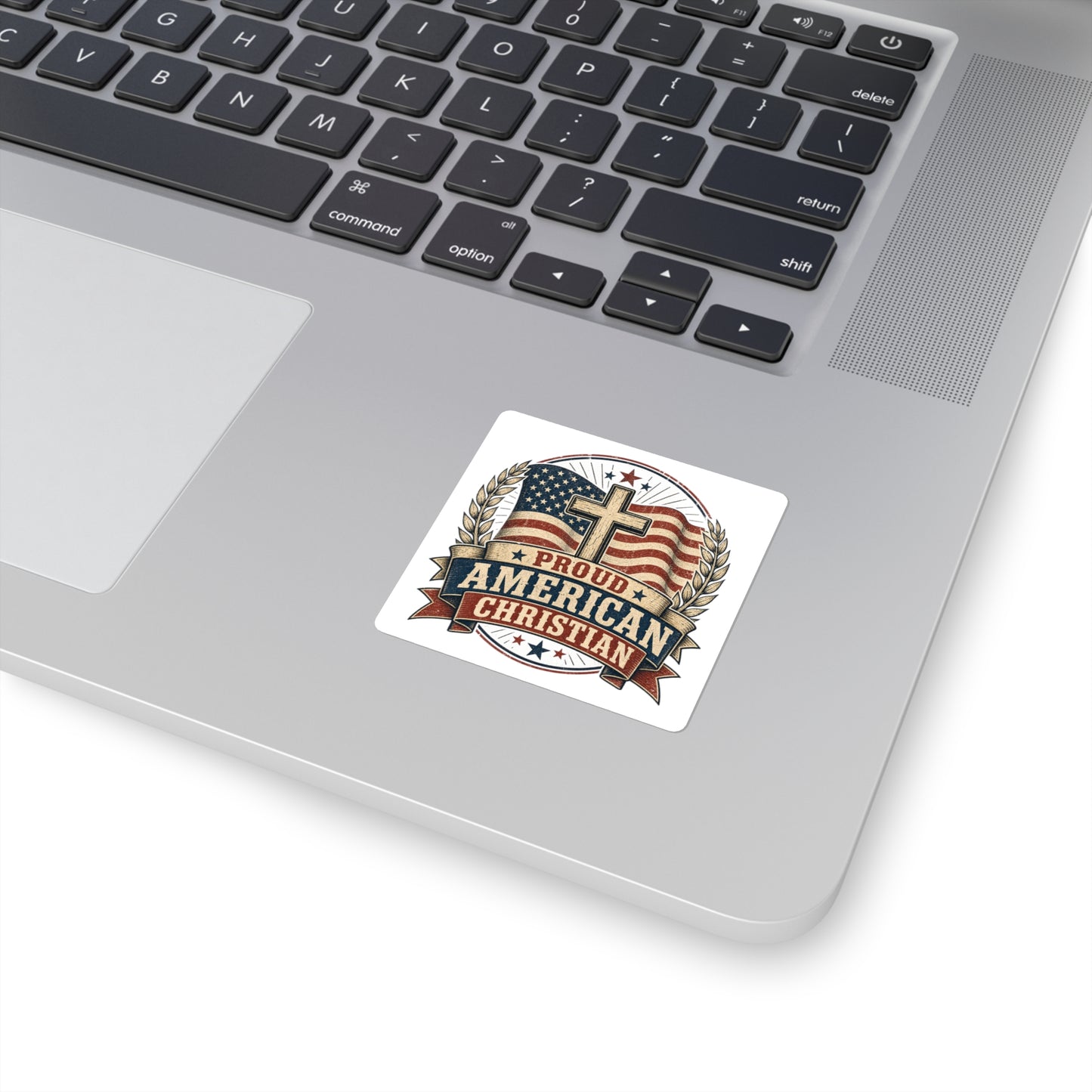 Proud American Christian Square Sticker — Patriotic Cross Flag Decal
