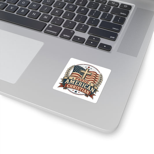 Proud American Christian Square Sticker — Patriotic Cross Flag Decal