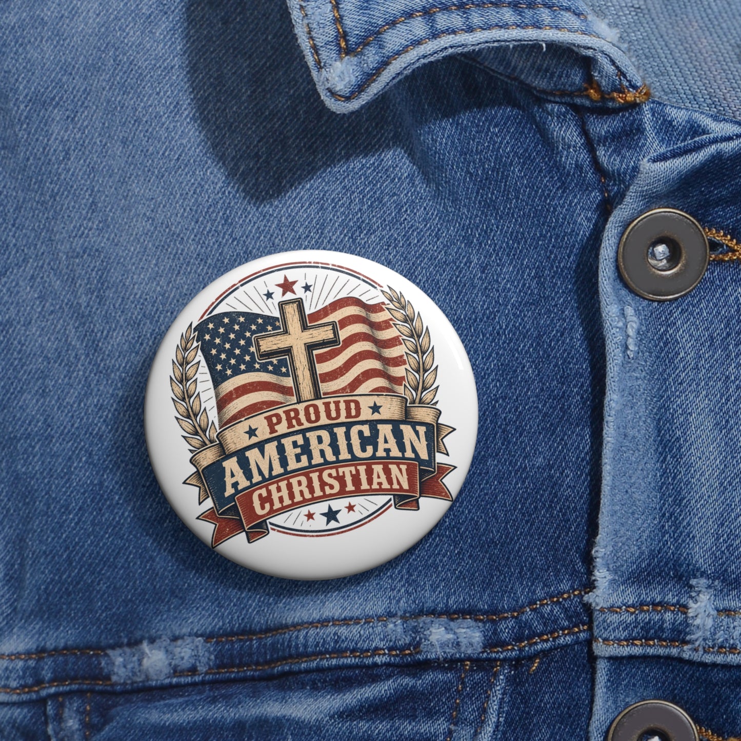 Proud American Christian Pin Button — Flag & Cross Faith Badge