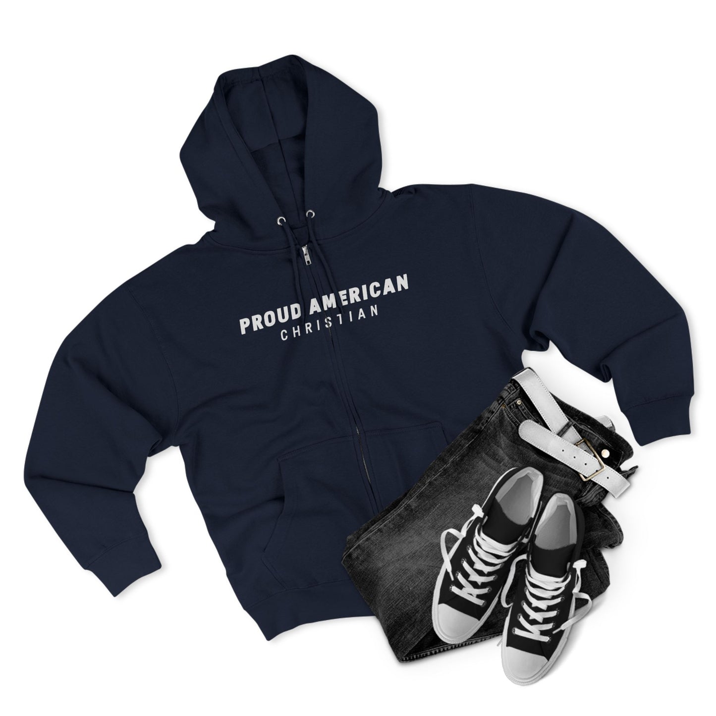 Proud American Christian Zip Hoodie — Distressed Flag Back Print
