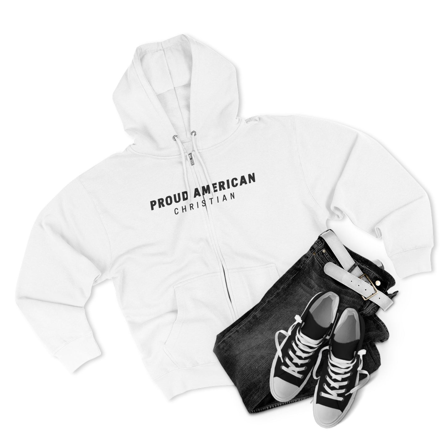 Proud American Christian Zip Hoodie — Distressed Flag Back Print