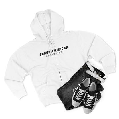Proud American Christian Zip Hoodie — Distressed Flag Back Print