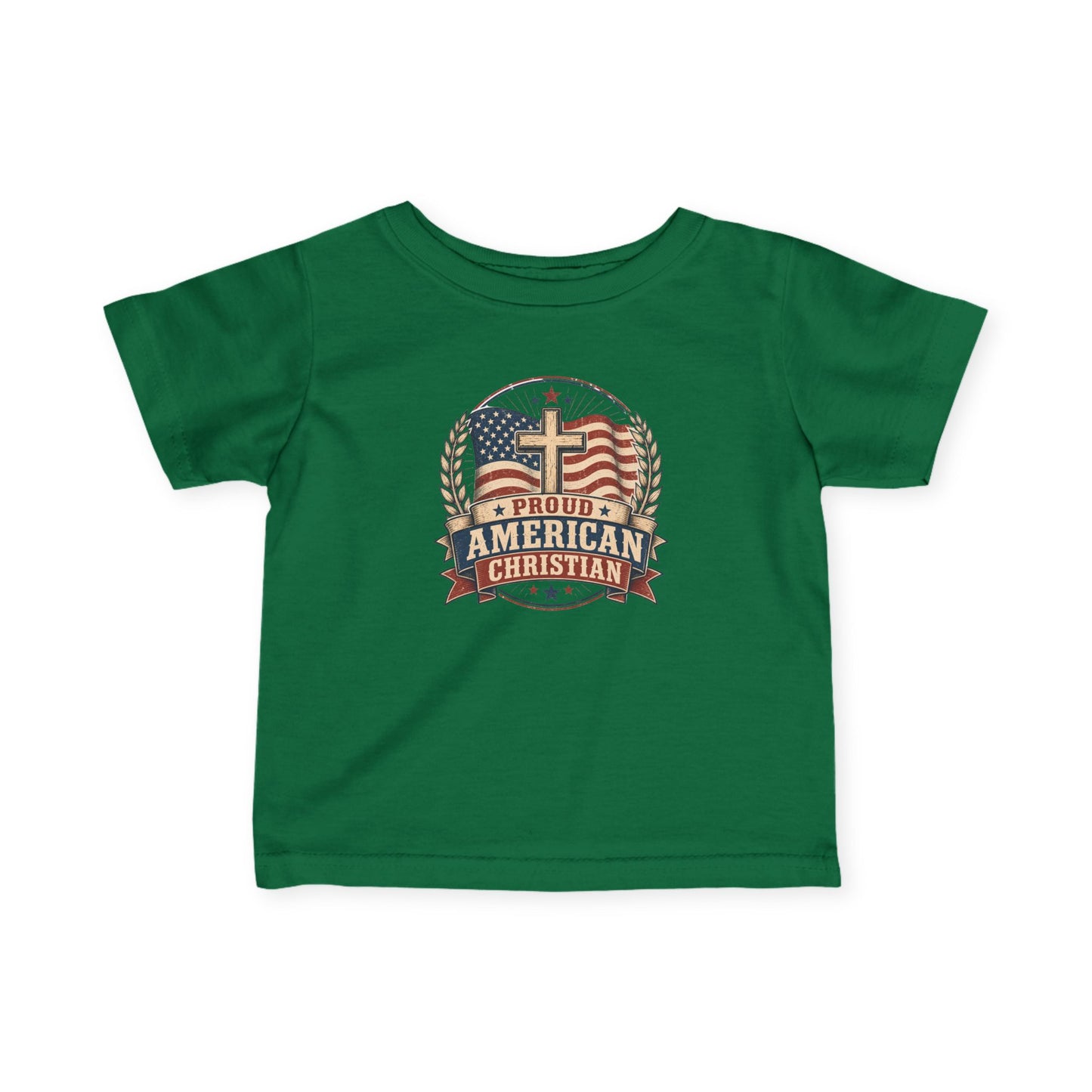 Infant Tee — "Proud American Christian" Cross & Flag Baby Shirt