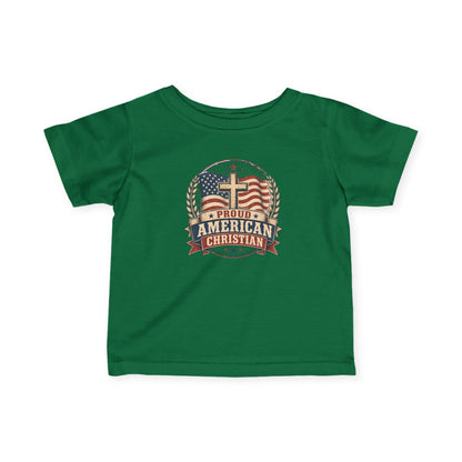 Infant Tee — "Proud American Christian" Cross & Flag Baby Shirt