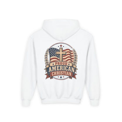 Proud American Christian Hoodie — Youth Patriotic Cross Pullover